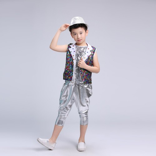 Jazz Dancing Practicing Suit rainbow paillette Modern Dance Costumes Boy Dance Clothing Performance Kids Stage Show Dancing Costume